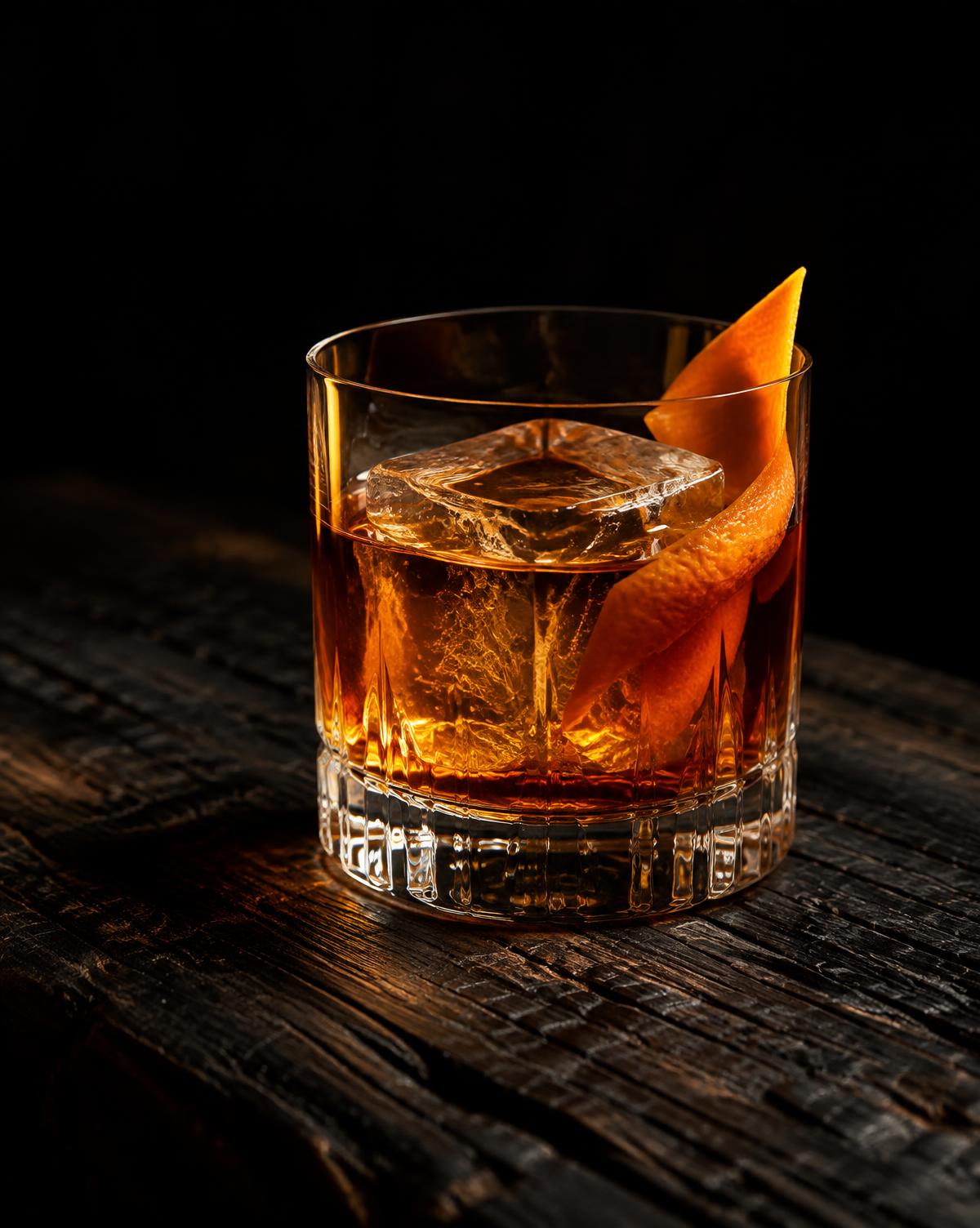Cóctel de whiskey con piel de naranja sobre madera