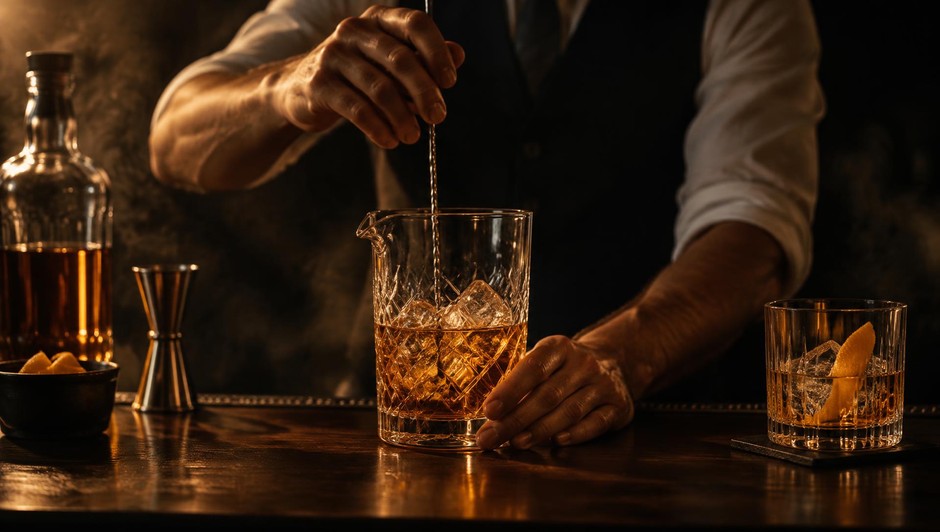 Bartender preparando un cóctel de whiskey en la barra
